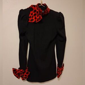 Black Vintage Puff Shoulder Top with Red Leopard Accents